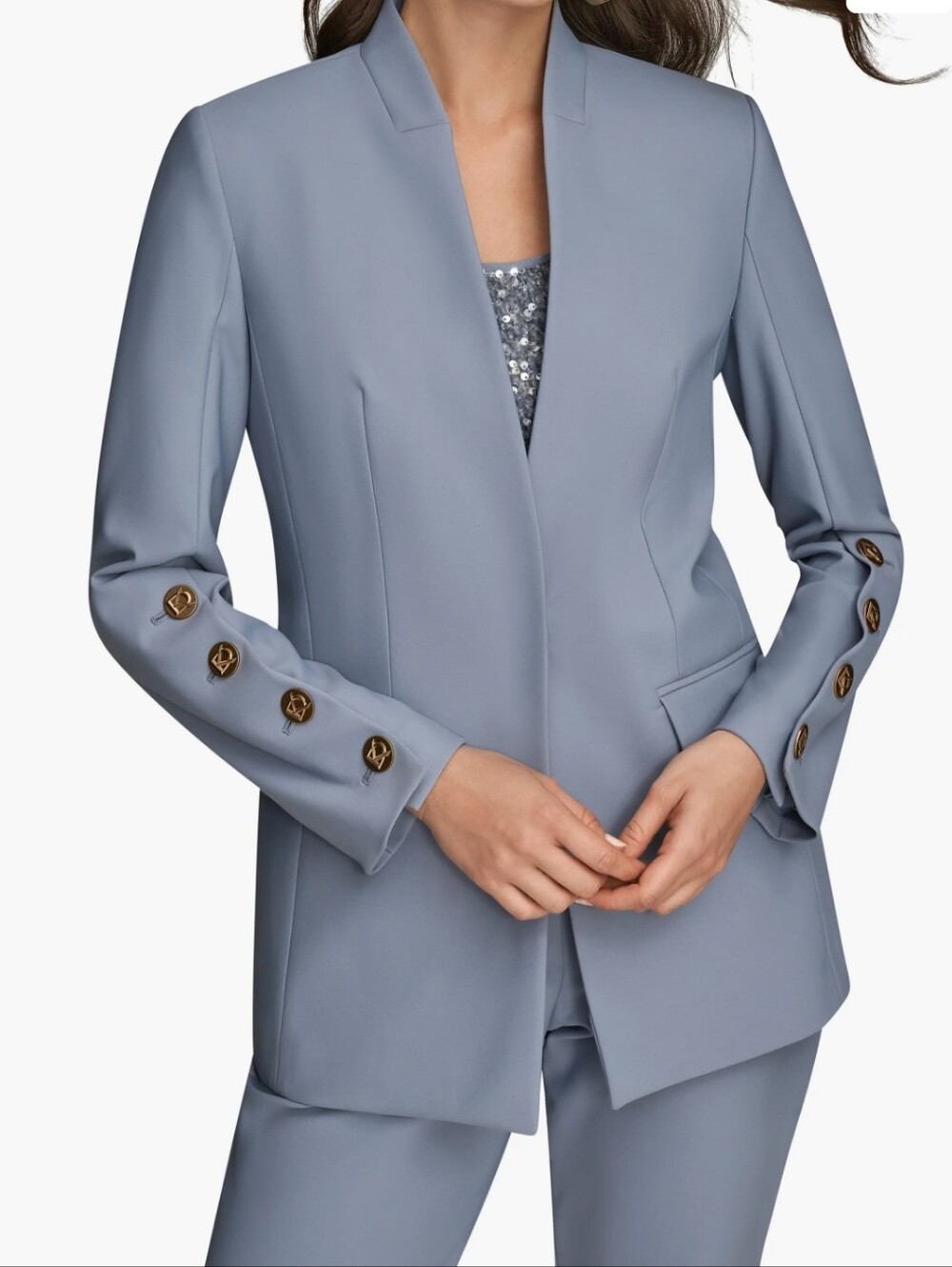 Donna Karan Powder Blue Open-Front Suit Jacket with Gold Buttons